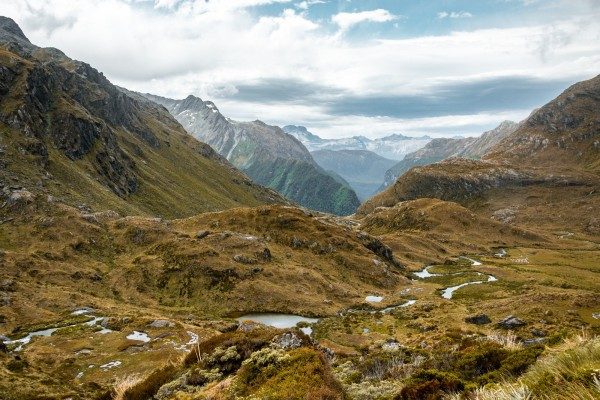 Fiordland Routeburn Track looking over alpine tarns and mountain tops