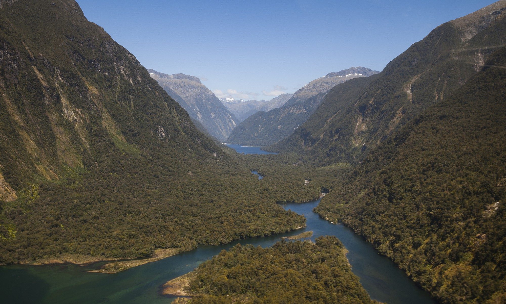 ariel view from a helicopter of Hollyford Valley in fiordland 