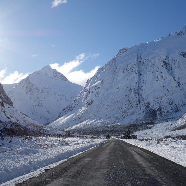 Snow is often encountered on the Milford Road, particularly in Winter