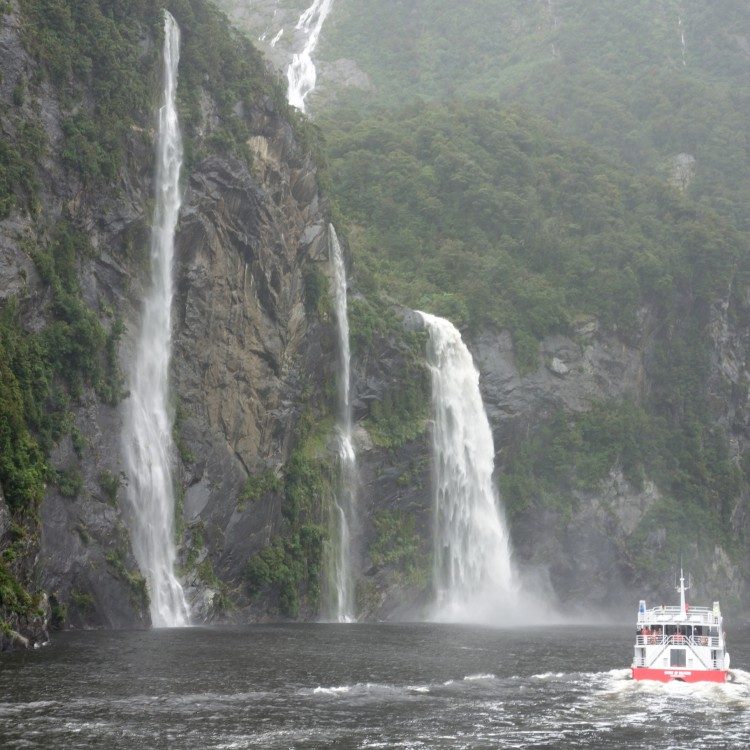 Rain at Milford Sound brings many waterfalls