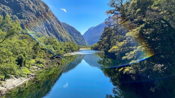 Milford Track, Fiordland view of Arthur River in the sunshine